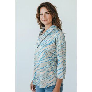 Jamie Sadock Womens S Abstract Print 3/4 Sleeve Athletic Top Stretch Beige Blue